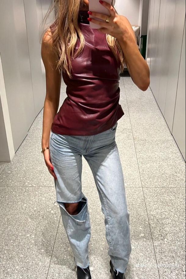 Women's Sleeveless Leather Top with Tailored Fit – Autumn Magic Nila