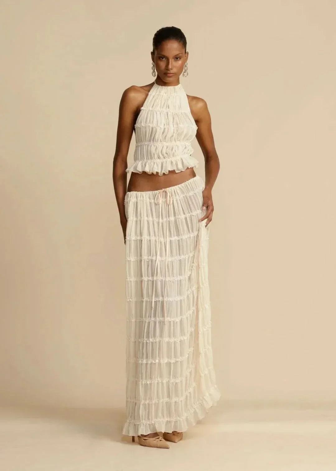 Two-piece summer outfit for women with boho skirt and off-the-shoulder top – Alina