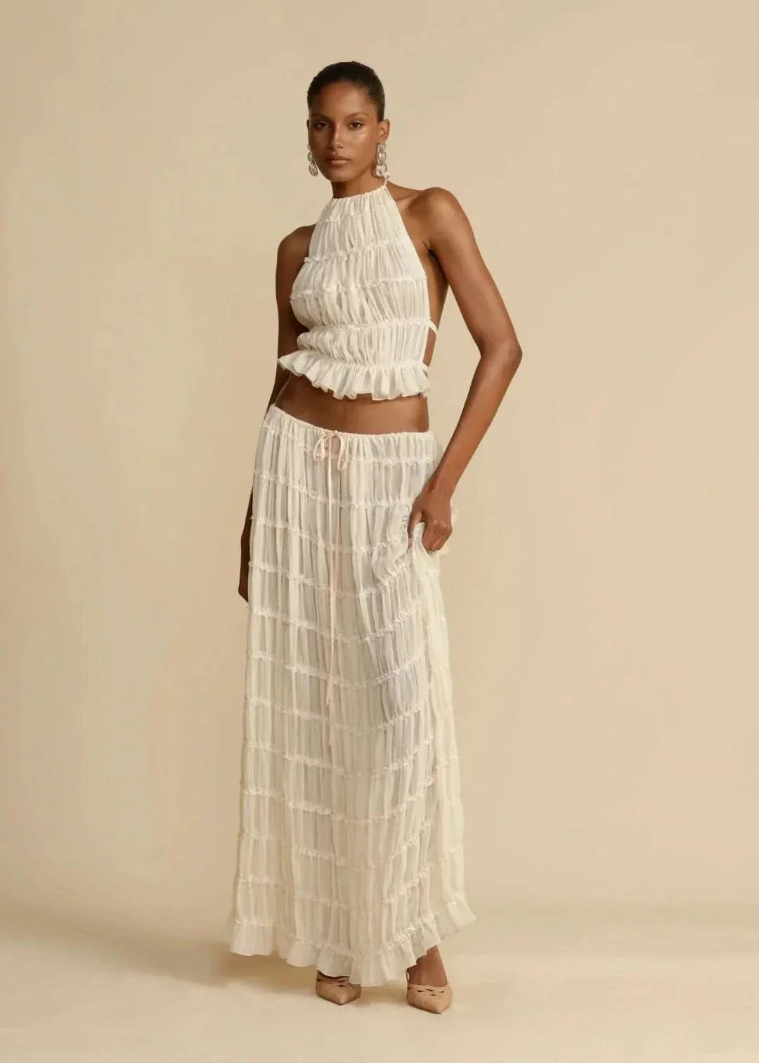 Two-piece summer outfit for women with boho skirt and off-the-shoulder top – Alina