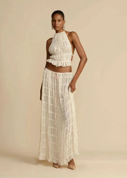 Two-piece summer outfit for women with boho skirt and off-the-shoulder top – Alina