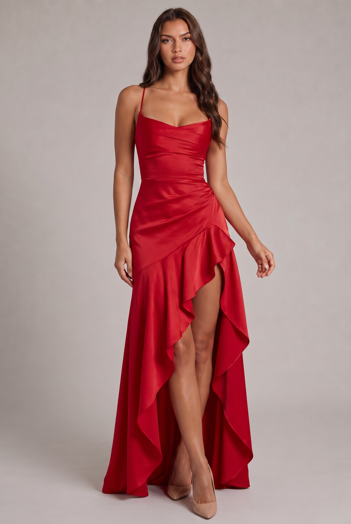 Red satin maxi dress on a model, full-length front view with cowl neckline, ruffle and high front slit. 13