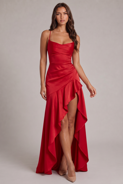 Red satin maxi dress on a model, full-length front view with cowl neckline, ruffle and high front slit. 13