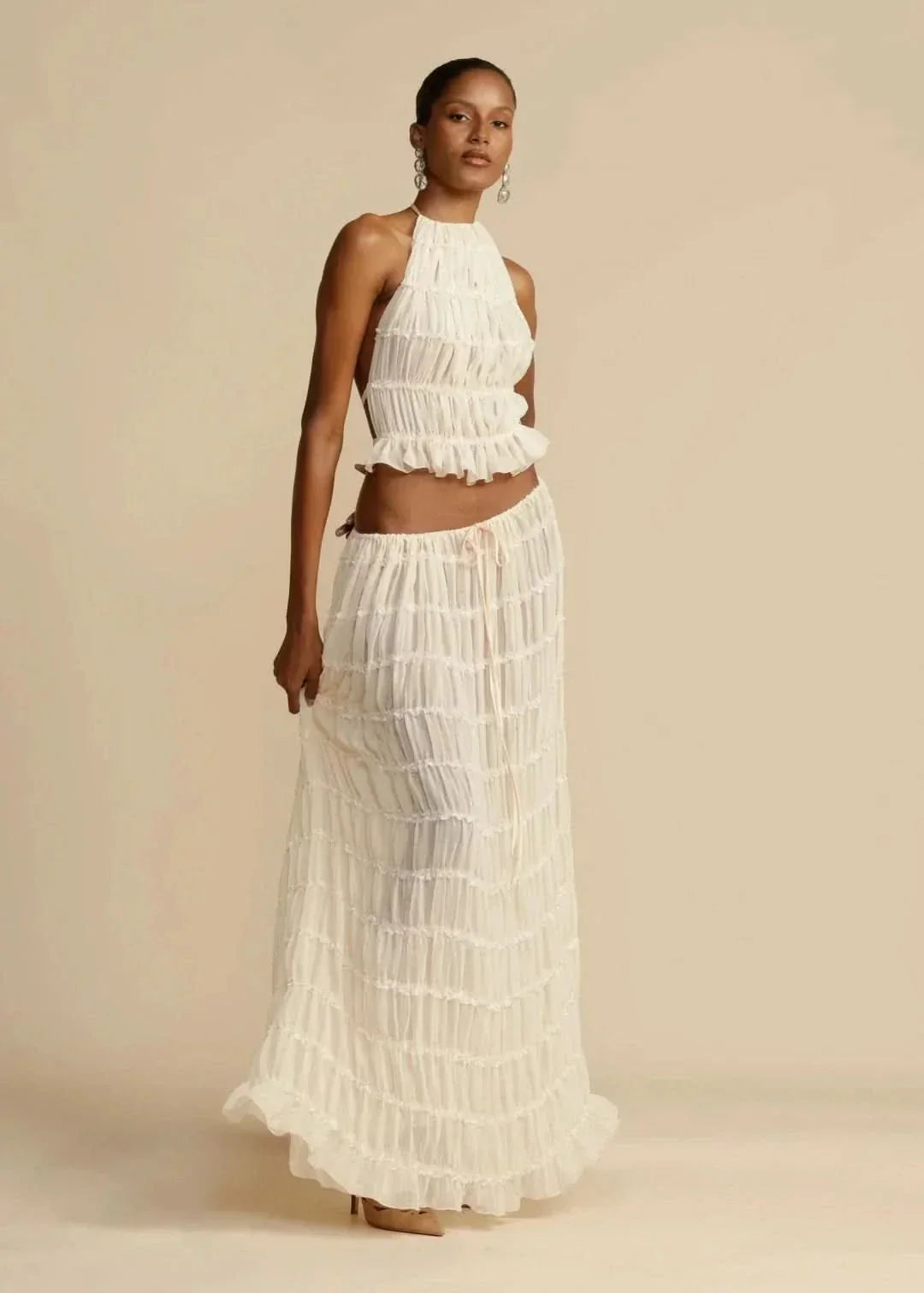 Two-piece summer outfit for women with boho skirt and off-the-shoulder top – Alina