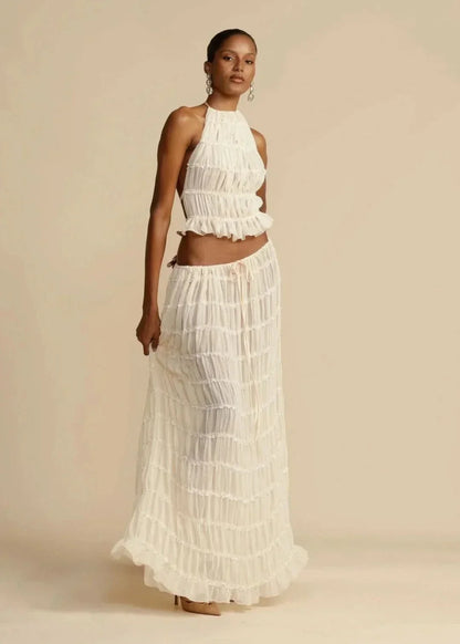 Two-piece summer outfit for women with boho skirt and off-the-shoulder top – Alina
