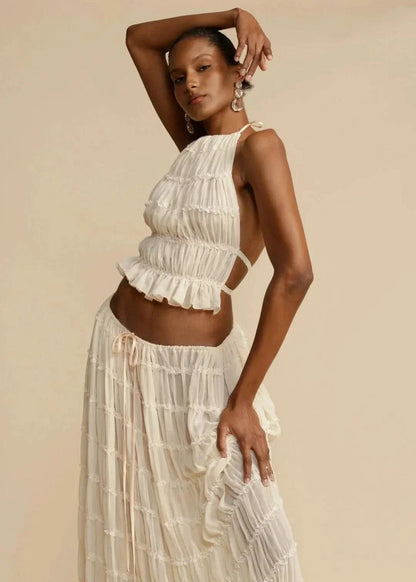 Two-piece summer outfit for women with boho skirt and off-the-shoulder top – Alina