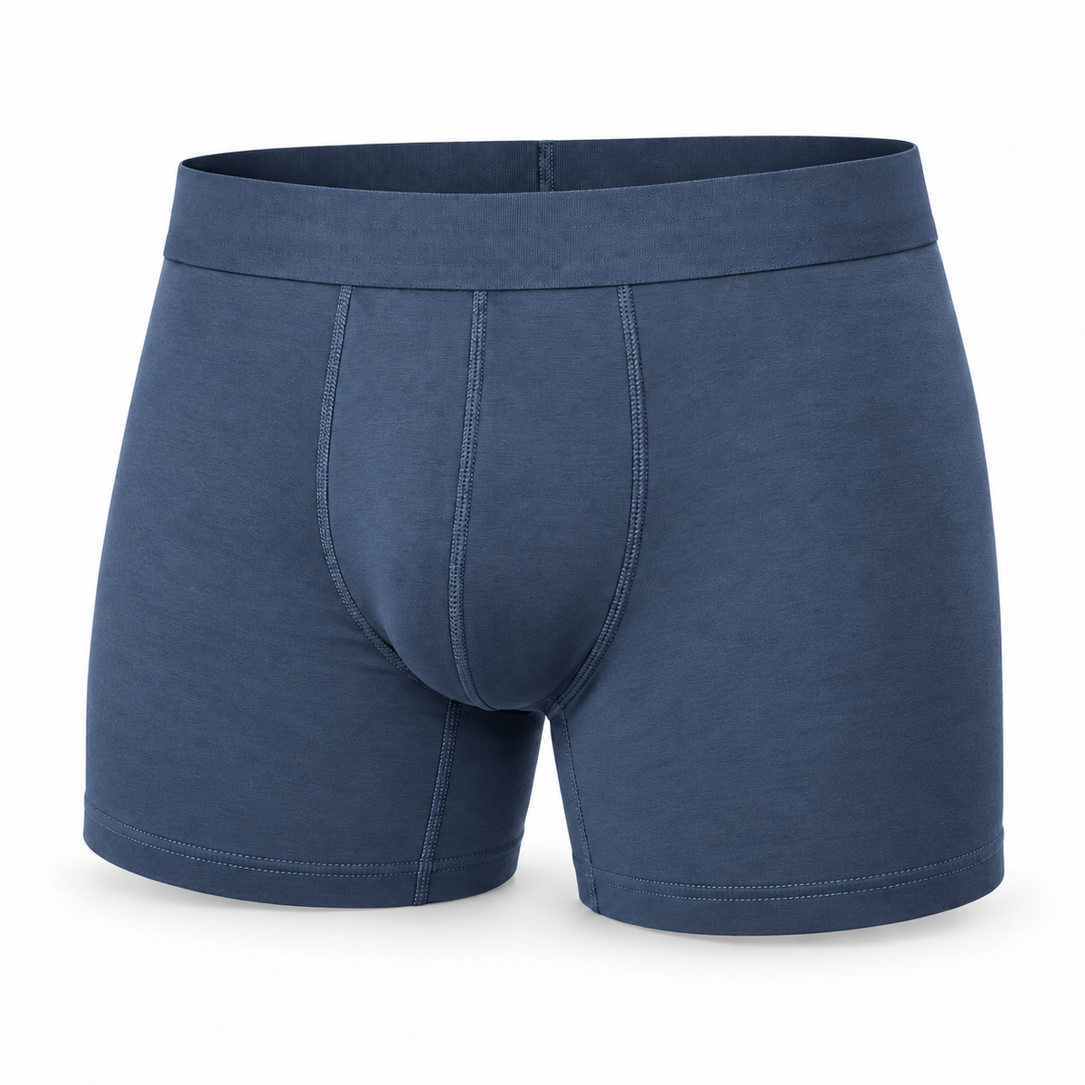 Single mid-blue boxer brief seen from the front, showing the stitched front panel, wide waistband and hemmed legs. 9