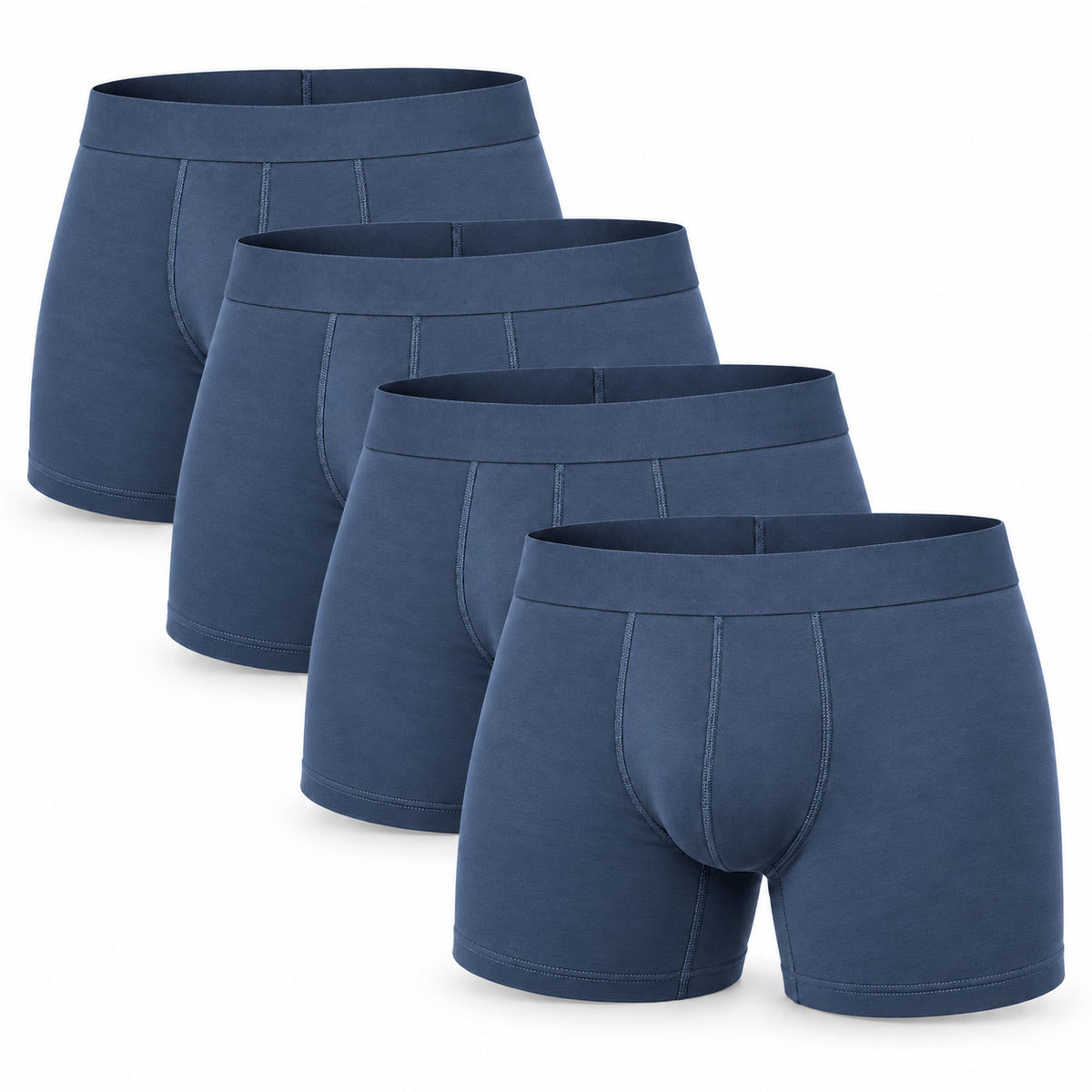 Four mid-blue boxer briefs overlapping in a stack, showing the front panel seams and matching waistbands. 10