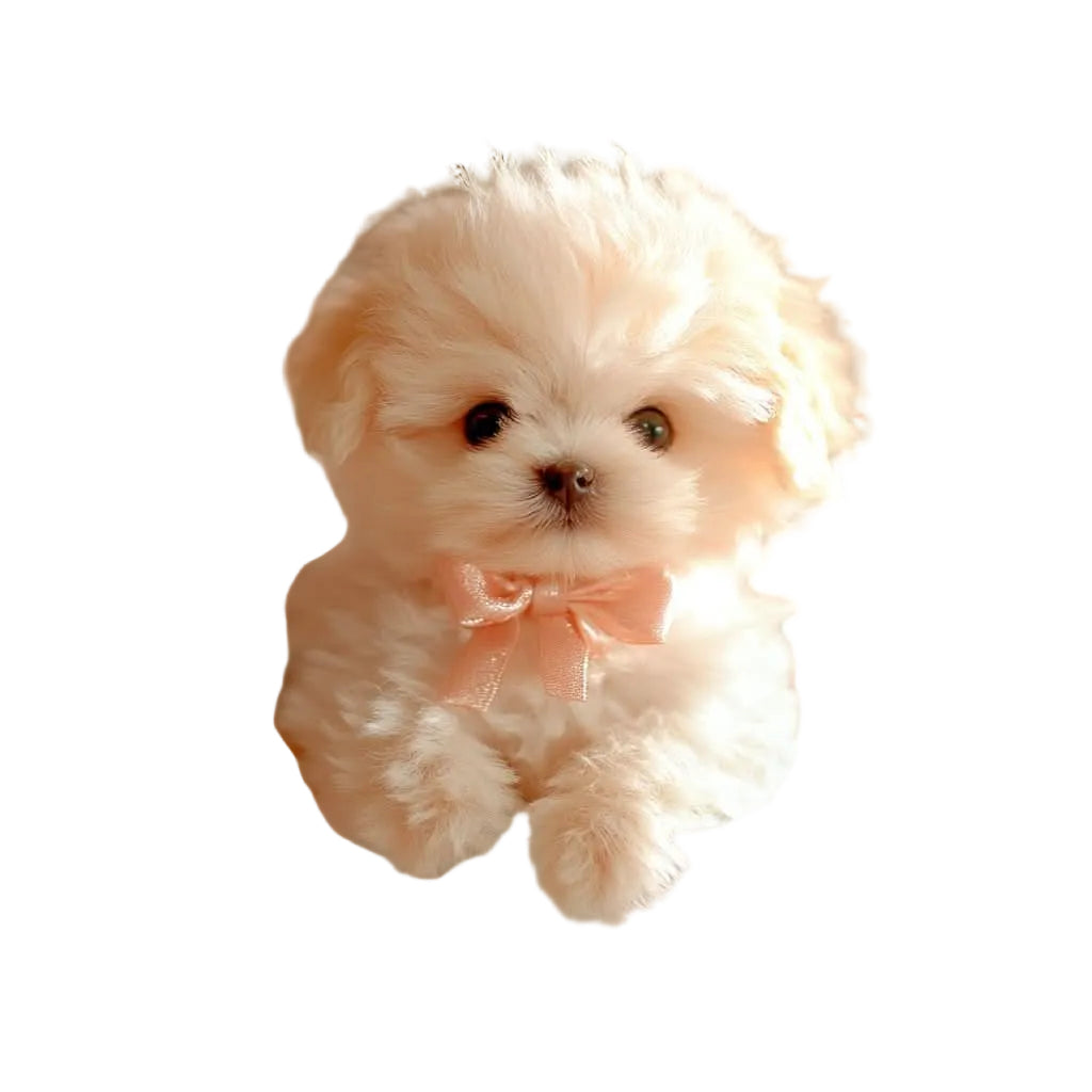 Fluffy cream plush puppy with dark eyes and a peach satin bow at its neck, shown against a plain white background. 1