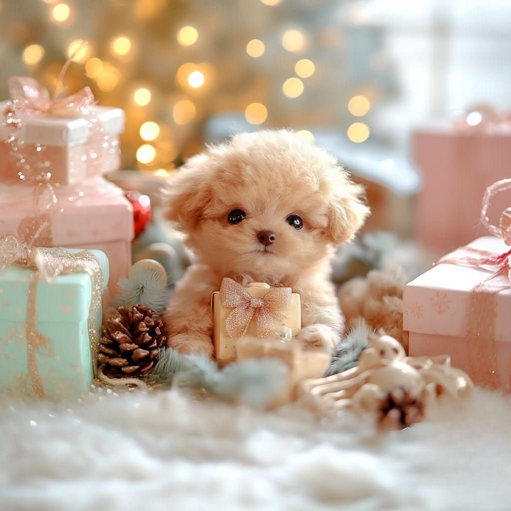 Soft apricot plush puppy sitting among pastel gift boxes, pine cones and fairy lights on a white fluffy rug, in a festive scene. 3