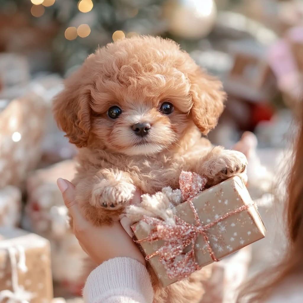 Curly apricot plush puppy held up in a hand, its paws resting on a small wrapped gift with a glittery ribbon. 5