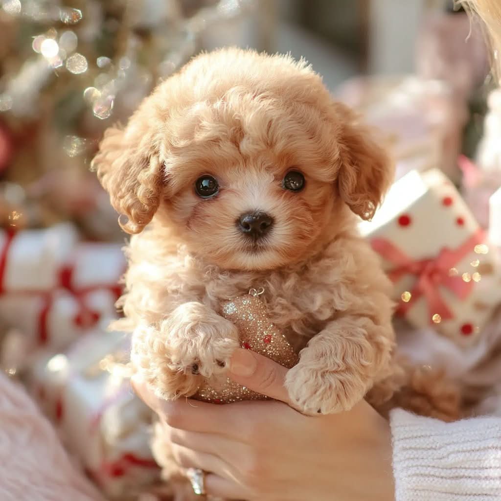 Curly apricot plush puppy held in both hands, paws on a glittery gold ornament, with festive gifts and lights blurred behind. 6
