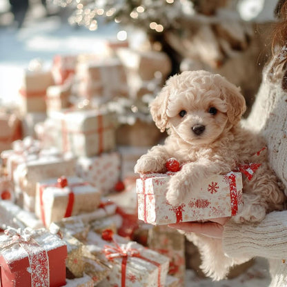 Cream curly plush puppy held on one arm of a knitted jumper, paws resting on a snowflake-patterned gift with a heap of presents behind. 7