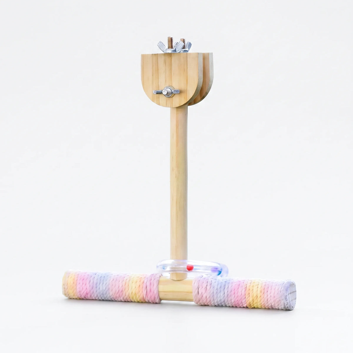 Wooden T-shaped swing perch with a pastel rope-wrapped bar, clear bead ring and wing-nut clamp, shown on a plain white background. 1