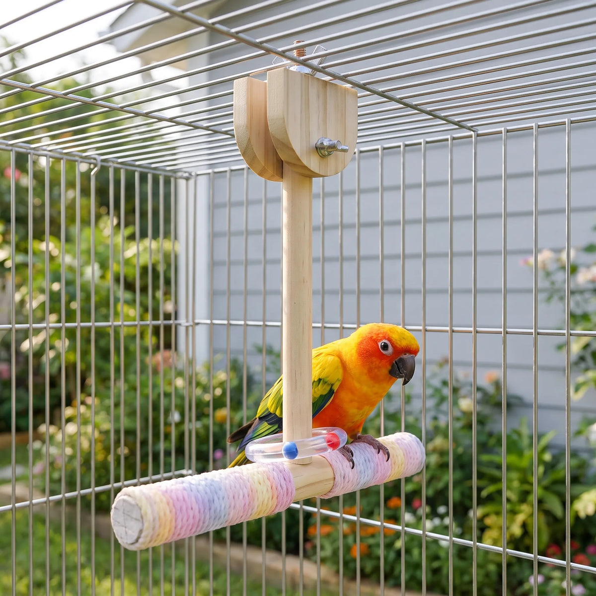 Perch clamped to the top of a wire cage with an orange and yellow parrot standing on the rope-wrapped bar. 2