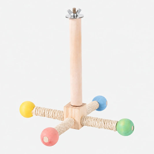 Wooden cage perch on a plain background, with a wing nut fixing at the top and four sisal-wrapped arms ending in coloured wooden balls. 1