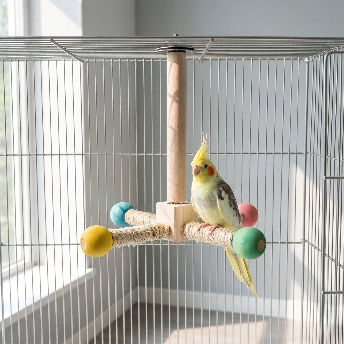 Perch hanging from the roof of a wire cage, with a yellow cockatiel standing on one of the sisal-wrapped arms. 2