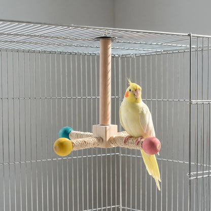 Perch fixed to the cage roof, with a pale yellow cockatiel facing the camera while gripping a sisal arm beside a pink ball. 3