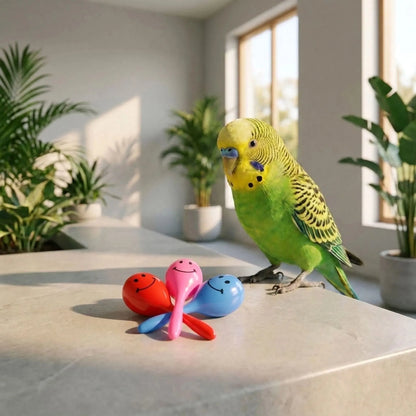 Red, pink and blue smiley-face maracas on a stone surface beside a green and yellow budgerigar in a bright room with plants. 2