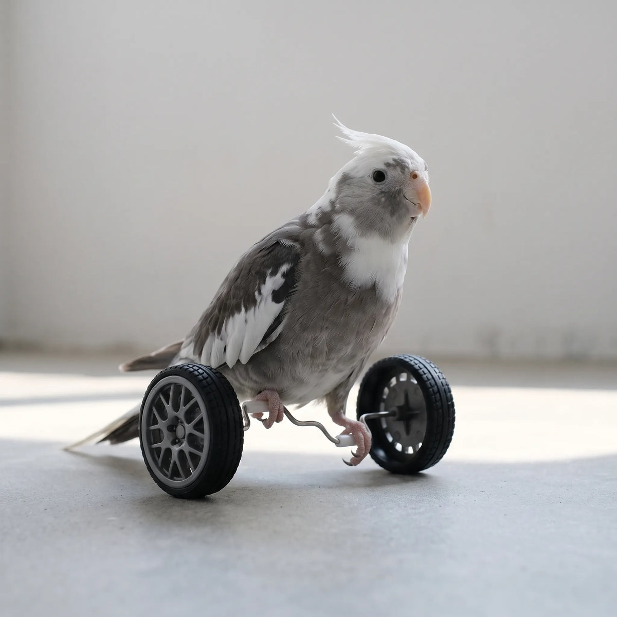 Grey and white cockatiel standing on the bent axle between the two wheels, rolling along an indoor floor. 2