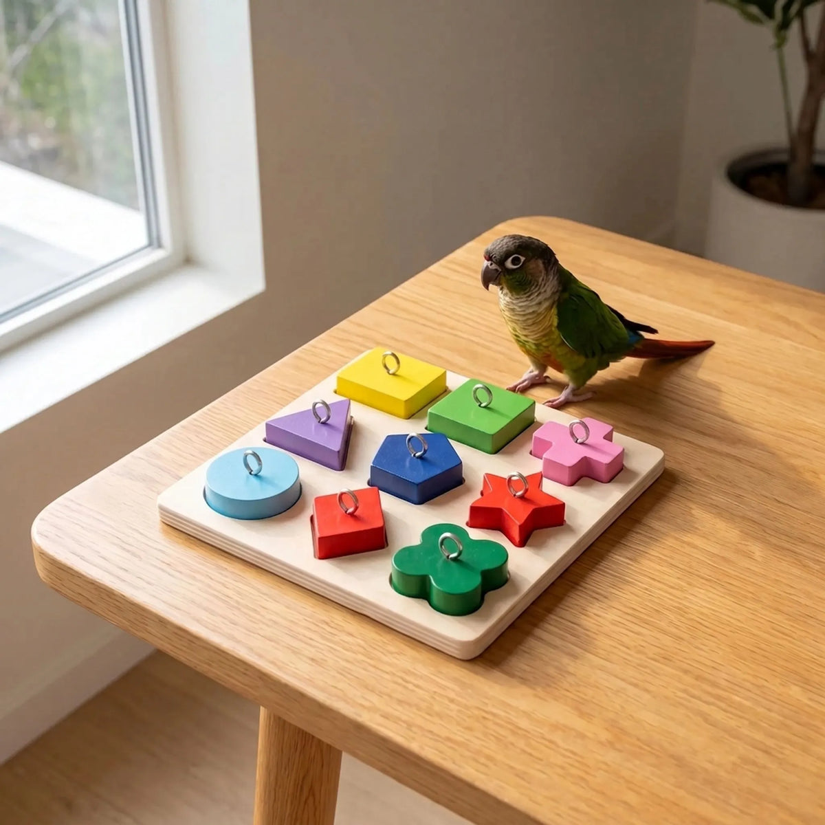 A green and yellow parrot standing beside the colourful shape puzzle board on a wooden table near a window. 2