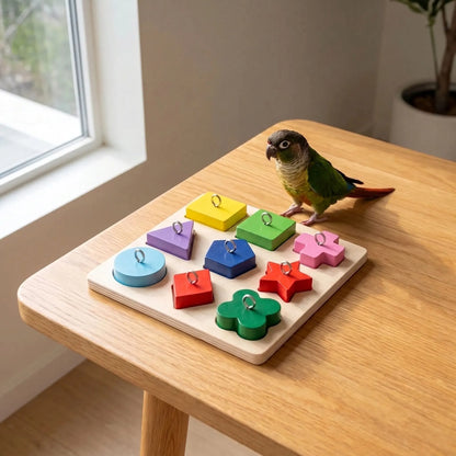 A green and yellow parrot standing beside the colourful shape puzzle board on a wooden table near a window. 2