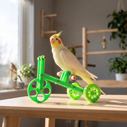 A cream and yellow cockatiel with orange cheeks perches on the green toy tricycle on a wooden table in a bright room. 2