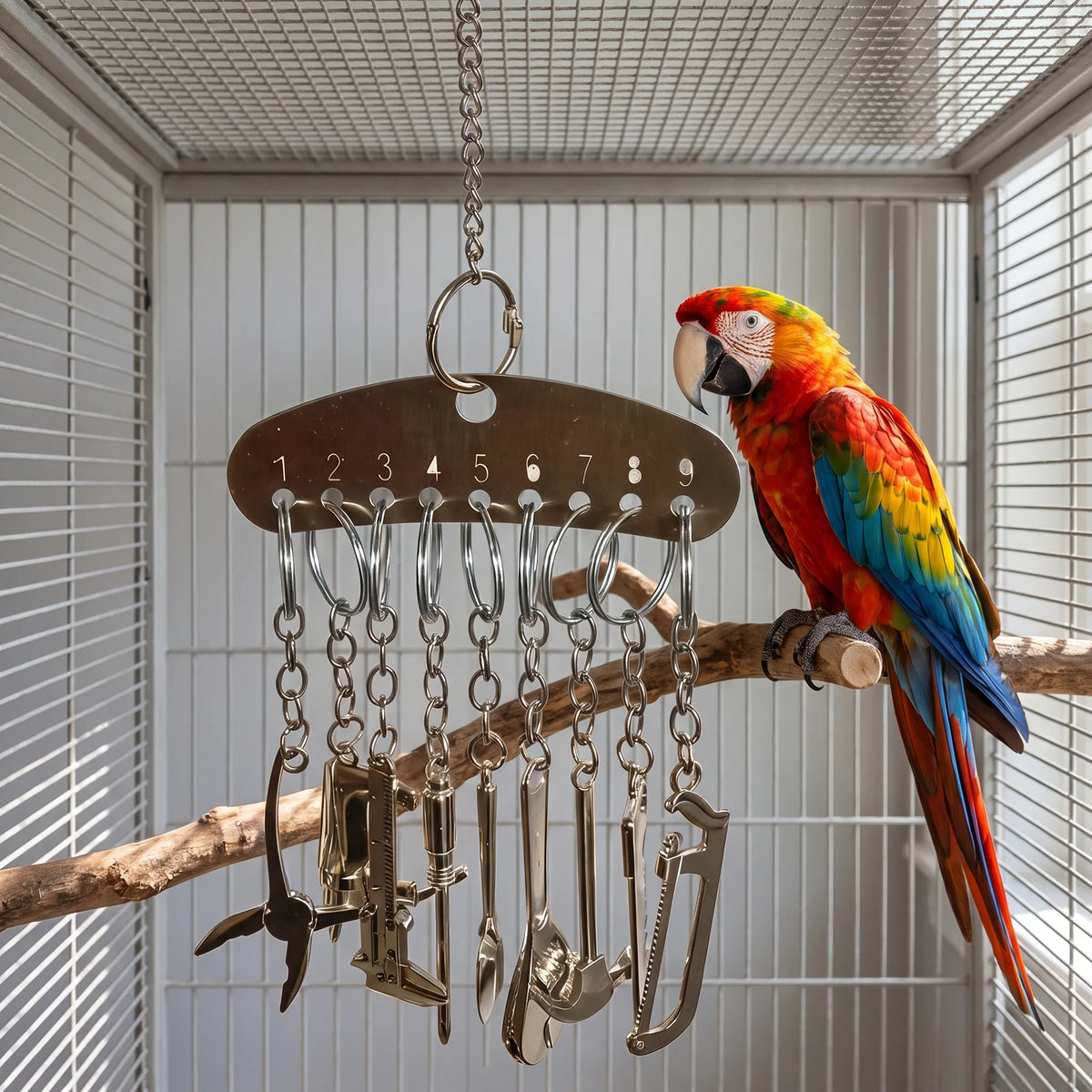 Toy hanging inside a cage beside a red, yellow and blue macaw perched on a wooden branch. 2