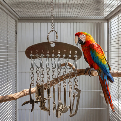 Toy hanging inside a cage beside a red, yellow and blue macaw perched on a wooden branch. 2