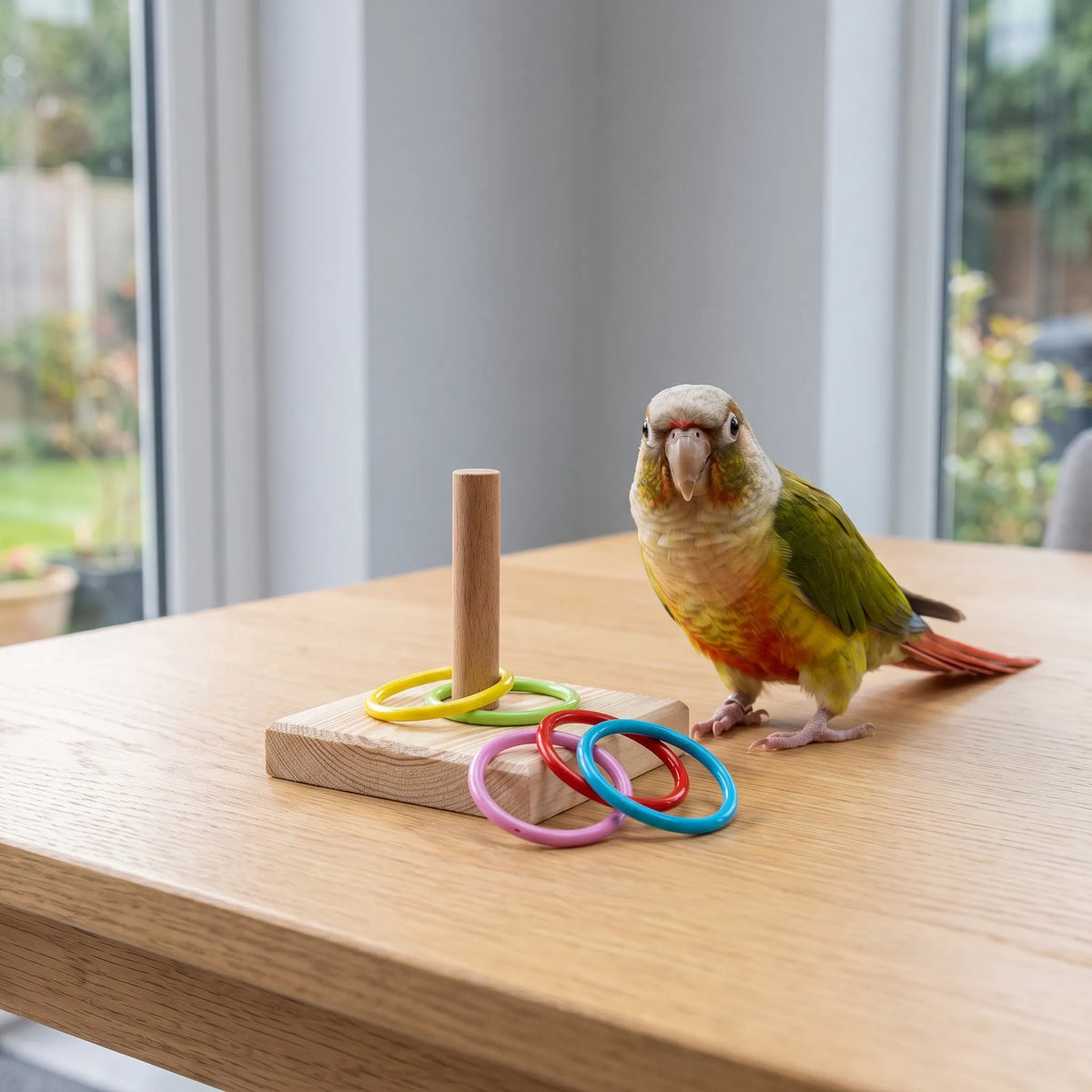 Green-cheeked conure standing on a wooden table beside the peg toy, with two rings on the peg and three loose rings. 2