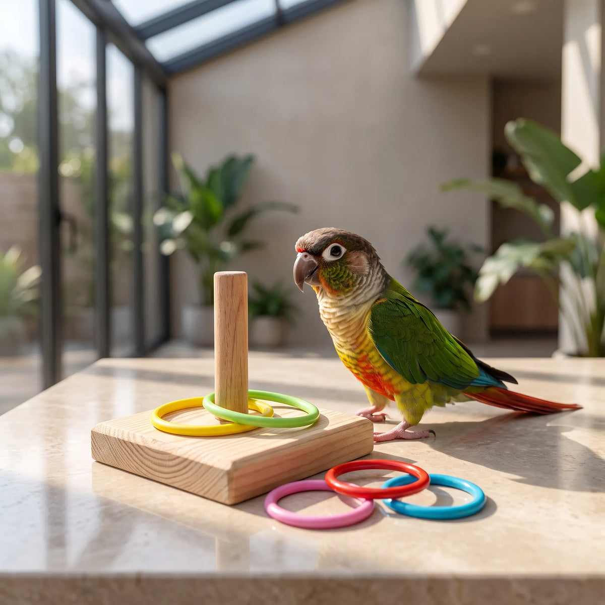 Conure perched next to the stacking toy on a sunlit stone surface in a bright conservatory, with rings on and beside the peg. 3