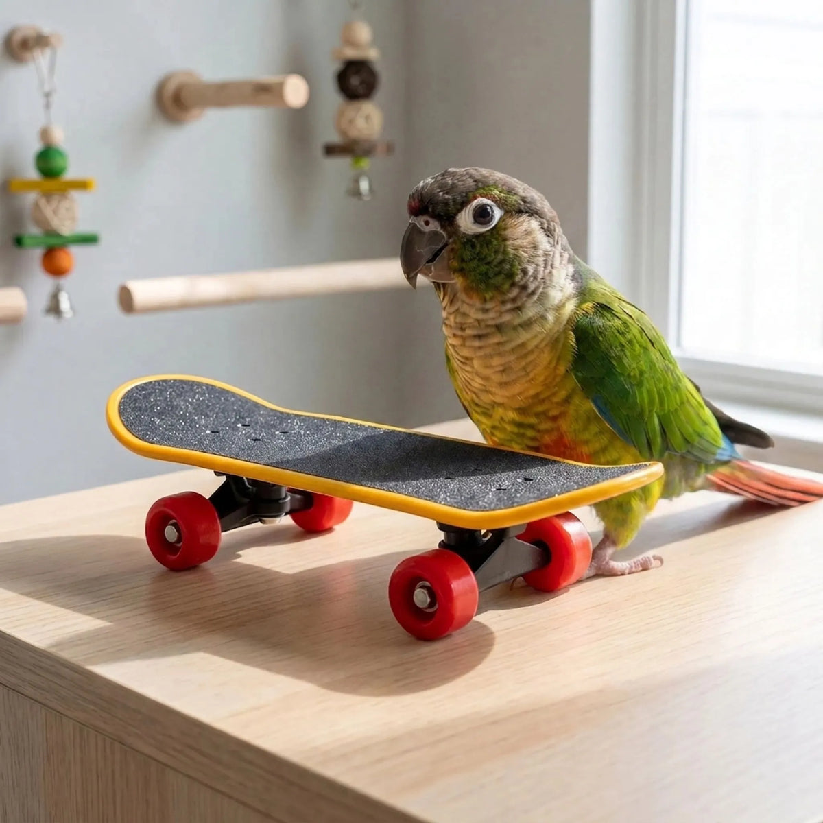 Green and yellow parrot standing on a wooden surface beside the miniature skateboard, with perches and hanging toys behind. 2