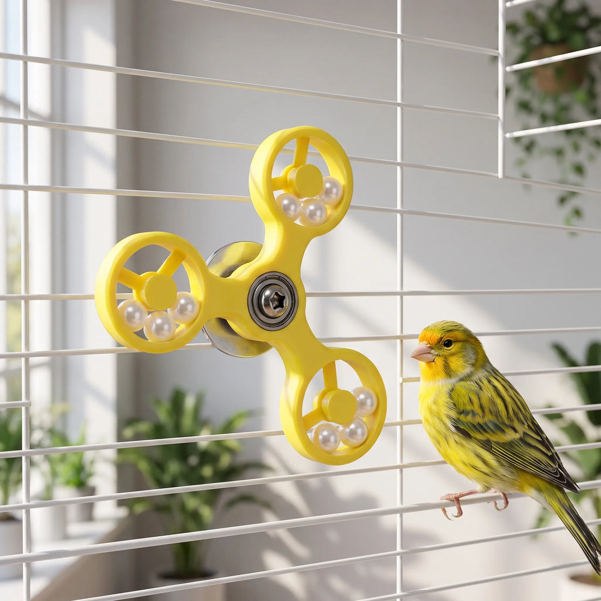 Yellow spinner toy mounted on a white cage beside a yellow-green canary perched on a bar, in a bright room. 2