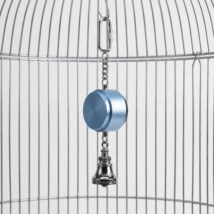 Blue metal toy hanging inside a wire cage from a screw-lock clip and chain, with a silver bell below the round body. 1
