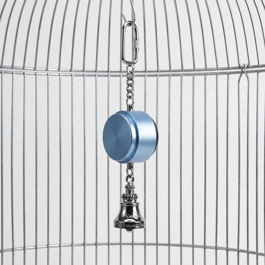 Blue metal toy hanging inside a wire cage from a screw-lock clip and chain, with a silver bell below the round body. 1