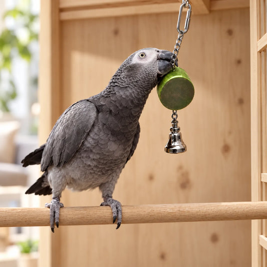 Grey parrot perched on a wooden bar, beaking the green round body of the hanging toy with its small silver bell. 2
