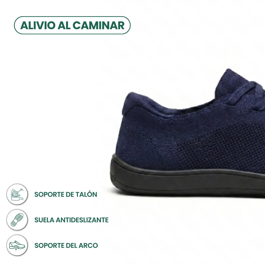 Close-up of the heel and side of a navy knit trainer on a black sole, with icons for heel, grip and arch support. 22