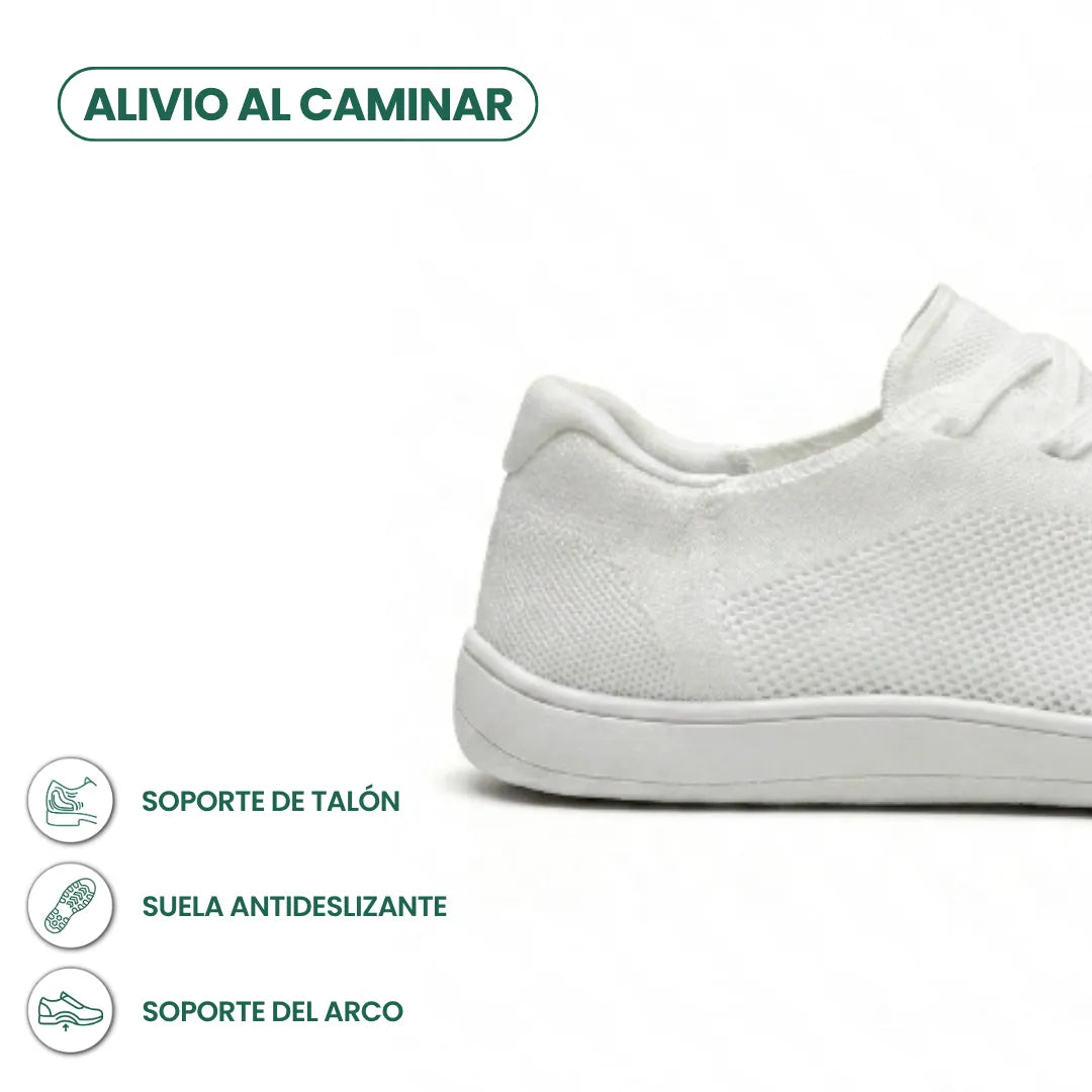 Close-up of the heel and side of a white knit trainer on a white sole, with icons for heel, grip and arch support. 40