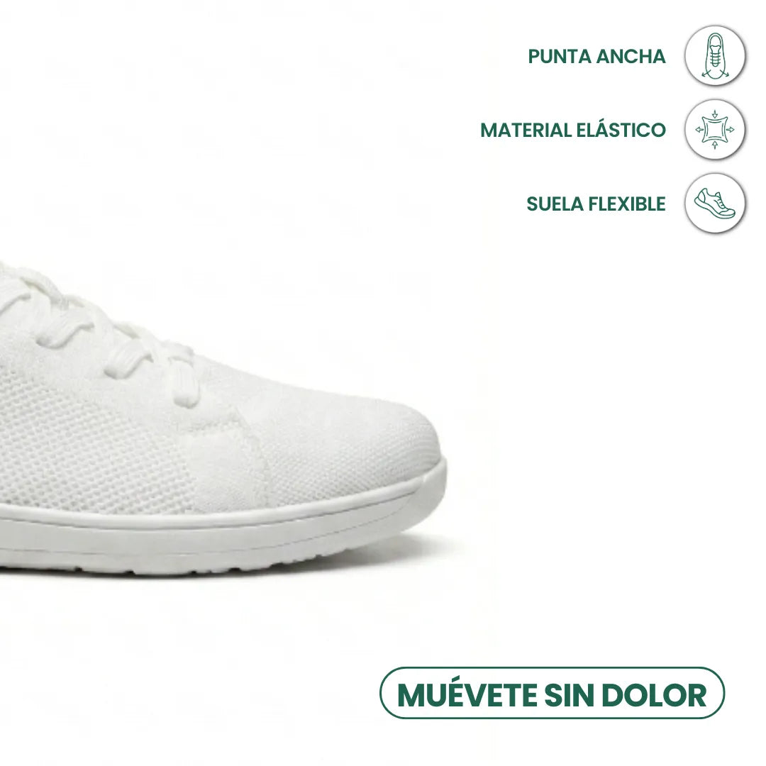 Close-up of the rounded toe of a white lace-up knit trainer with flexible sole, beside icons listing its features. 41