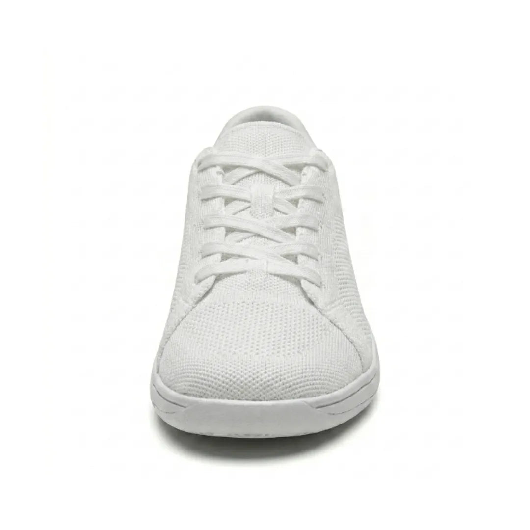 Front view of a white knit trainer showing the laces, rounded wide toe cap and flat sole. 44