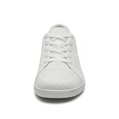 Front view of a white knit trainer showing the laces, rounded wide toe cap and flat sole. 44