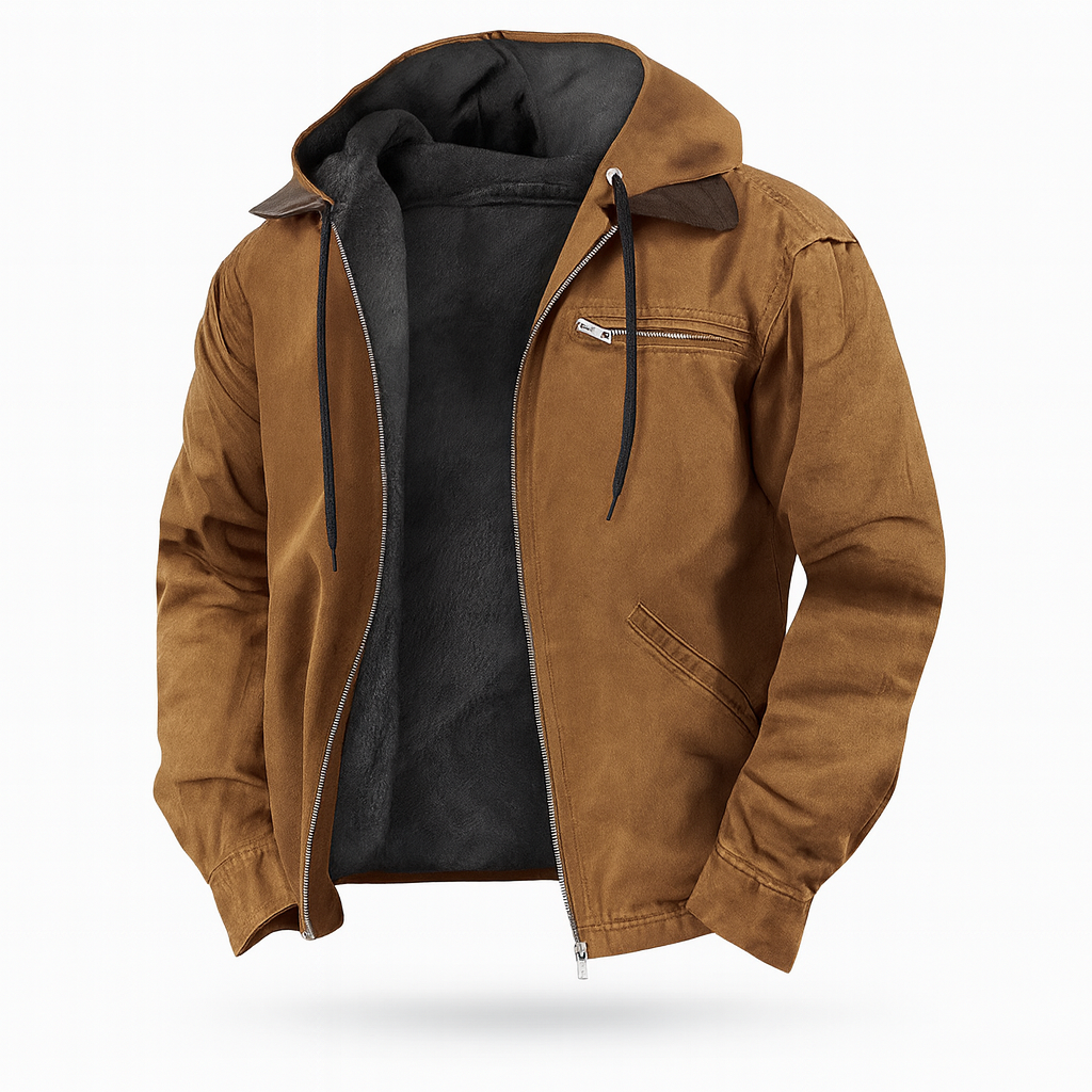 Tan hooded jacket unzipped on a plain white background, showing the dark fleece lining, chest zip pocket and drawcords. 1