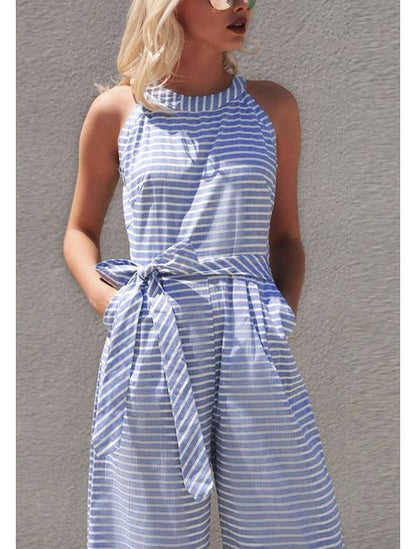 Striped summer jumpsuit for women with wide leg and V-neck – Alina