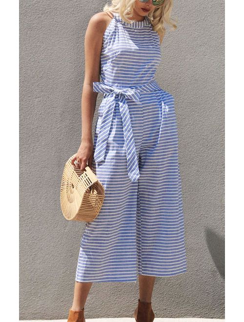 Striped summer jumpsuit for women with wide leg and V-neck – Alina