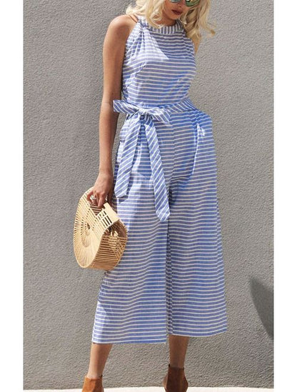 Striped summer jumpsuit for women with wide leg and V-neck – Alina