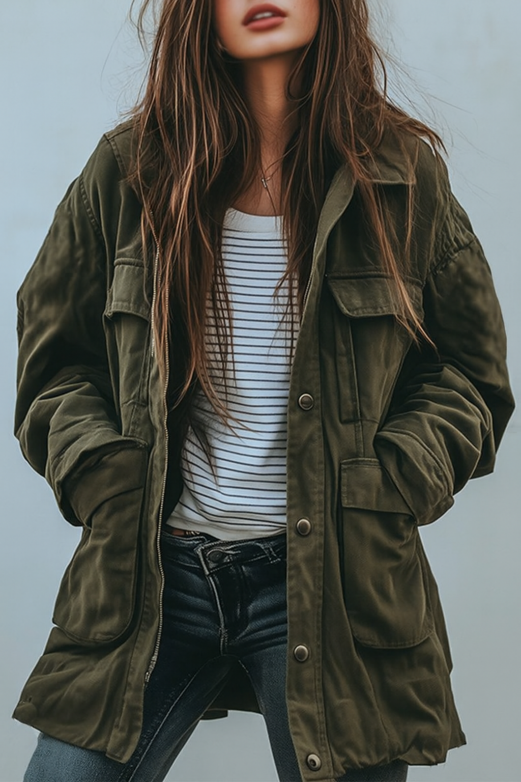 Model wearing the olive green utility jacket open over a striped top and dark jeans, hands in the pockets. 1