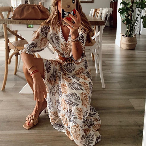 Airy Summer Dress with Leaf Print - Livia