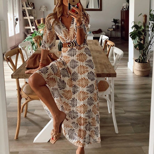 Airy Summer Dress with Leaf Print - Livia