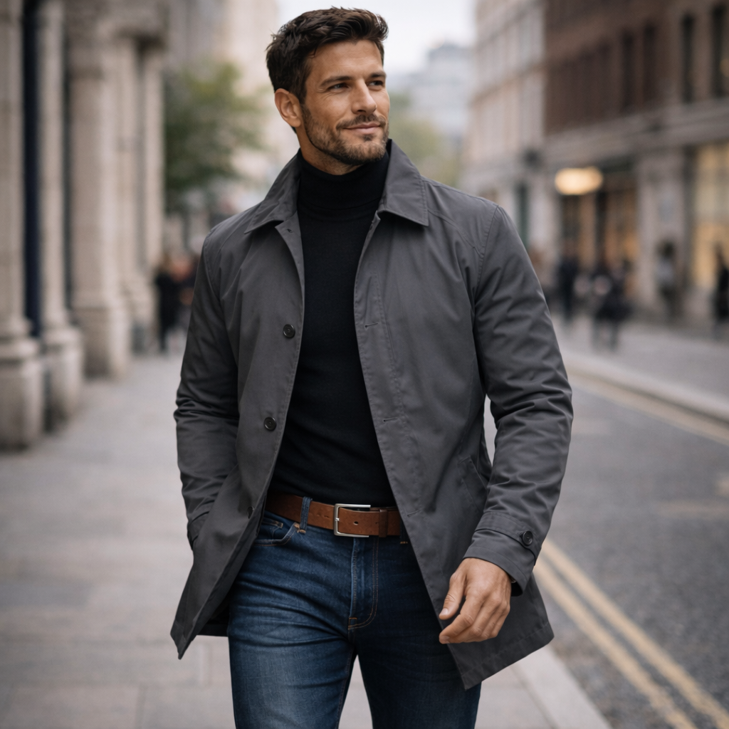 Grey jacket worn by a smiling model walking along a city street, hand in pocket, with a roll-neck and jeans. 5