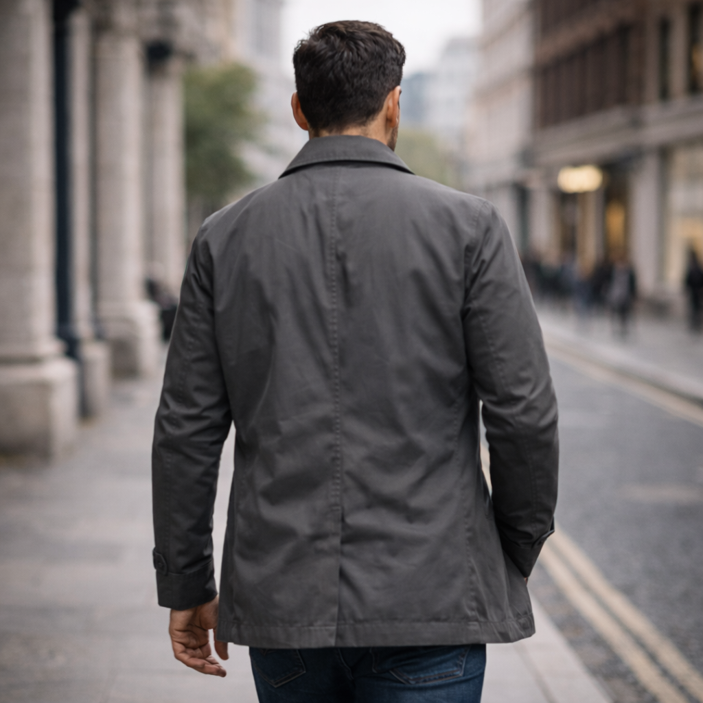 Back view of the grey jacket on a model walking down a city street, showing the plain back panel and collar. 6