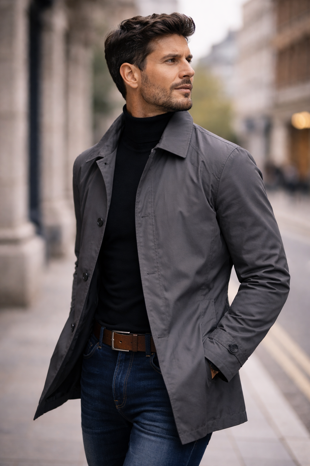 Close three-quarter view of a model in the grey jacket, one hand in pocket, looking away on a city street. 7